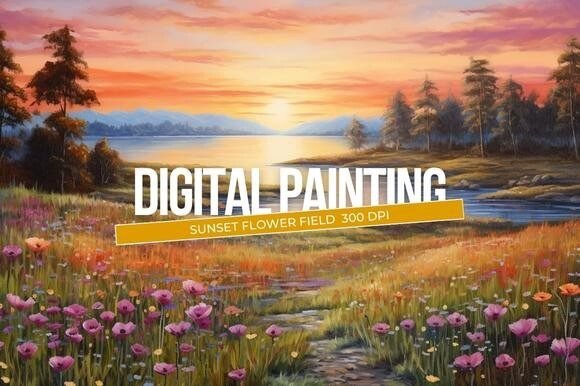 Download Sunset Flower Field Digital Painting - Painting Collection